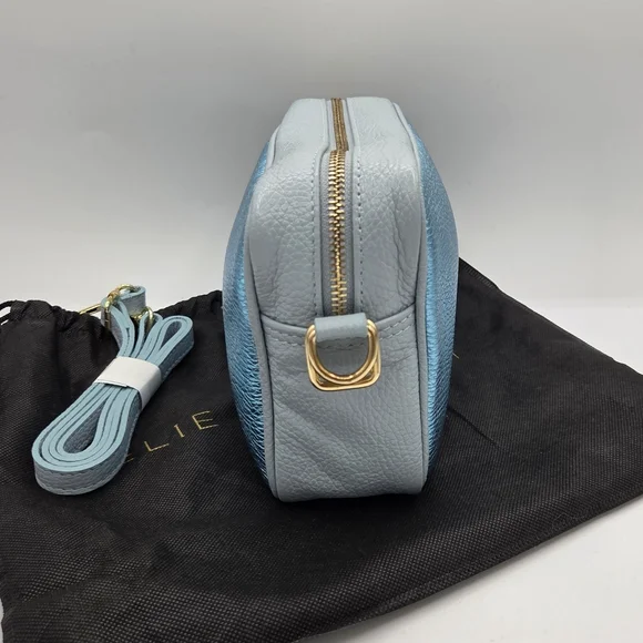 Elie Beaumont London Crossbody Handbag Purse Light Blue Pebbled Leather Metallic - Picture 4 of 10